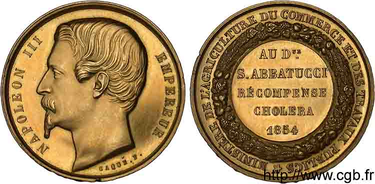 SECOND EMPIRE Médaille OR 33 attribuée au Dr Abbatucci pour ses travaux dans la lutte contre le choléra MS