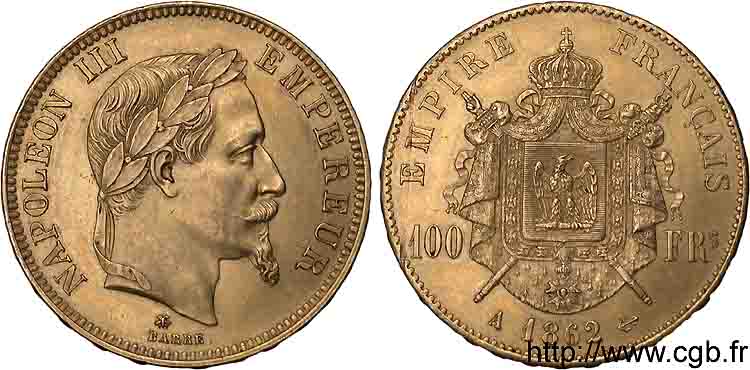 100 francs or Napoléon III tête laurée 1862 Paris F.551/1 AU 