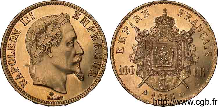 100 francs or Napoléon III tête laurée 1865 Paris F.551/5 EBC 