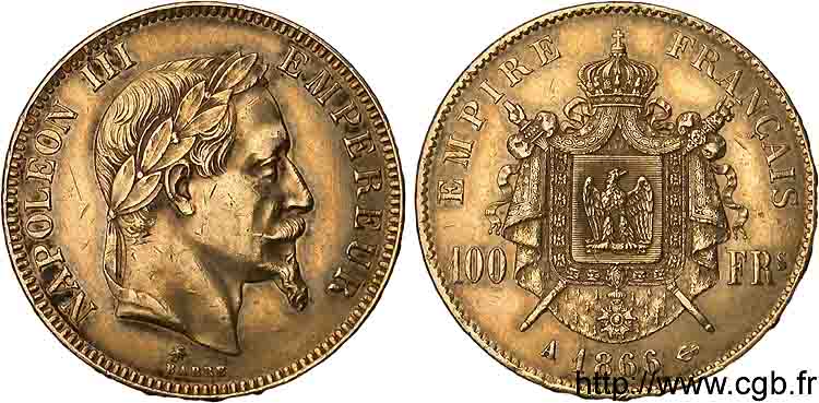 100 francs or Napoléon III tête laurée 1866 Paris F.551/6 SS 