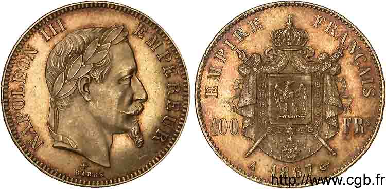 100 francs or Napoléon III tête laurée 1867 Paris F.551/8 AU 