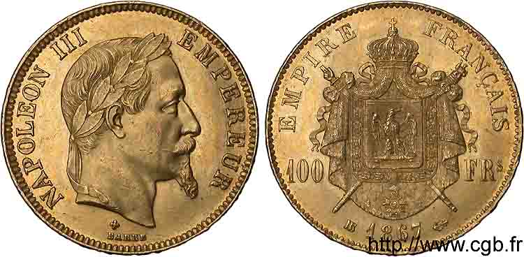100 francs or Napoléon III tête laurée 1867 Strasbourg F.551/9 SUP 