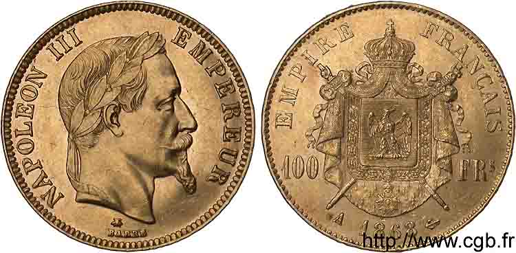 100 francs or Napoléon III tête laurée 1868 Paris F.551/10 AU 