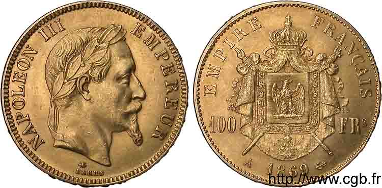 100 francs or Napoléon III tête laurée 1869 Paris F.551/12 AU 