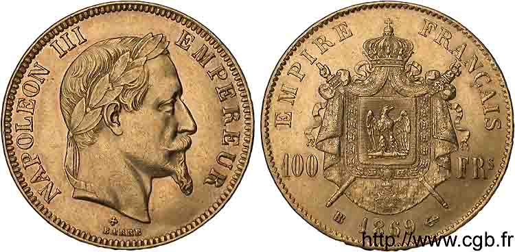 100 francs or Napoléon III tête laurée 1869 Strasbourg F.551/13 XF 