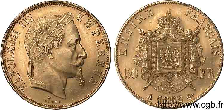 50 francs or Napoléon III tête laurée 1862 Paris F.548/1 EBC 
