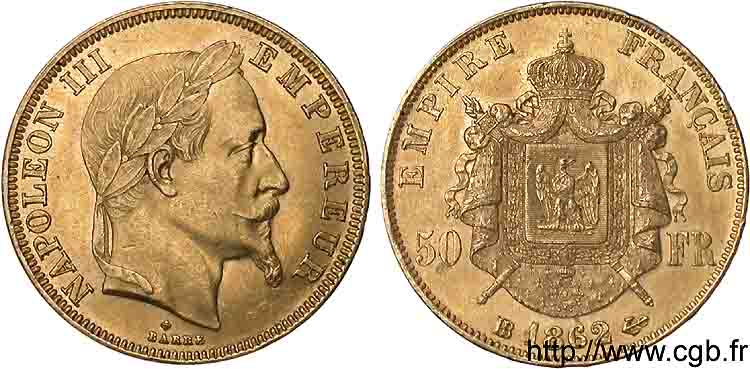 50 francs or Napoléon III tête laurée 1862 Strasbourg F.548/2 AU 