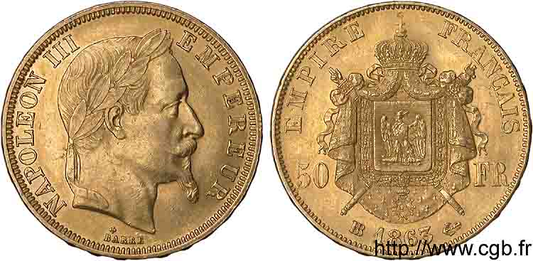 50 francs or Napoléon III tête laurée 1863 Strasbourg F.548/3 SUP 