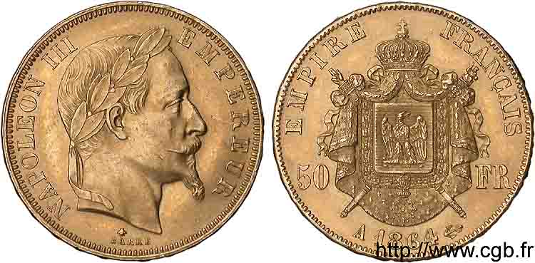 50 francs or Napoléon III tête laurée 1864 Paris F.548/4 SUP 