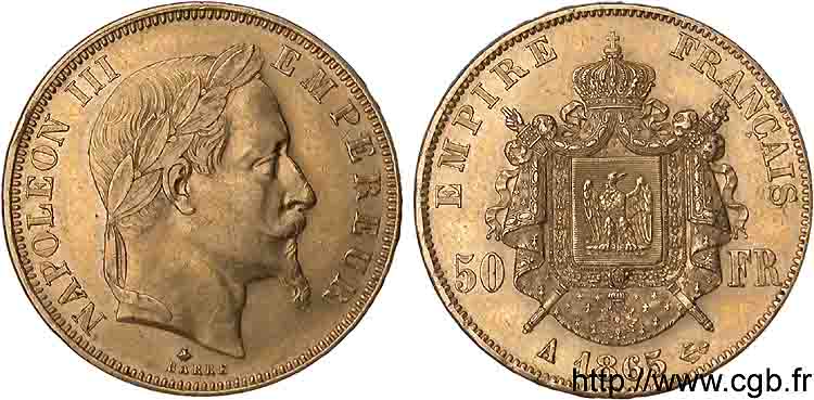 50 francs or Napoléon III tête laurée 1865 Paris F.548/5 AU 