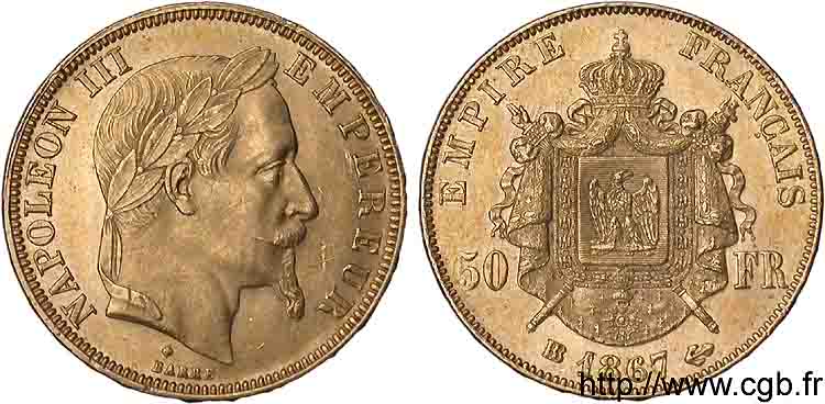50 francs or Napoléon III tête laurée 1867 Strasbourg F.548/9 AU 