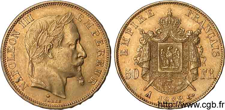 50 francs or Napoléon III tête laurée 1868 Paris F.548/10 XF 