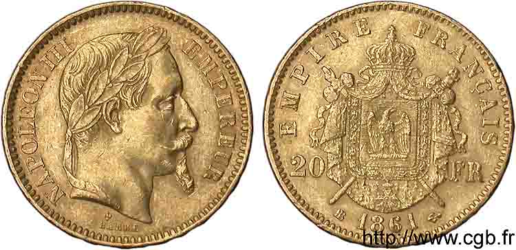 20 francs or Napoléon III tête laurée 1861 Strasbourg F.532/2 BB 