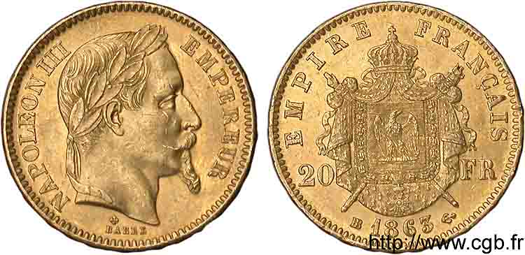 20 francs or Napoléon III tête laurée 1863 Strasbourg F.532/7 SUP 