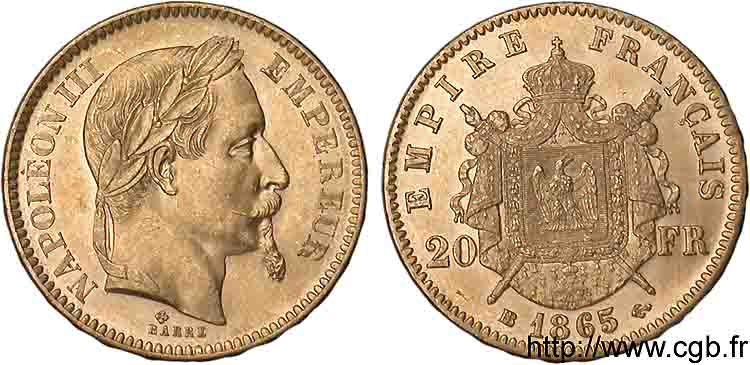 20 francs or Napoléon III tête laurée 1865 Strasbourg F.532/12 AU 