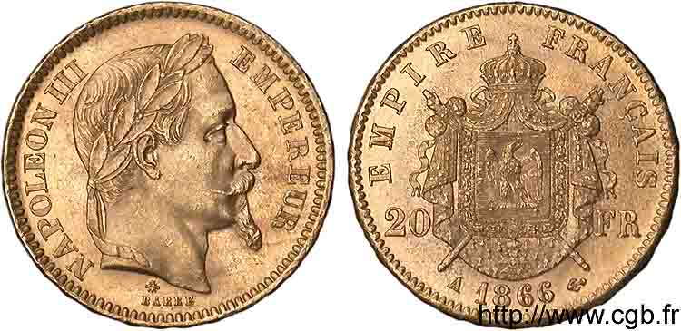 20 francs or Napoléon III tête laurée 1866 Paris F.532/13 AU 