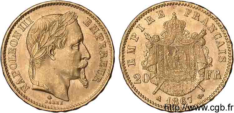 20 francs or Napoléon III tête laurée 1867 Paris F.532/15 SUP 
