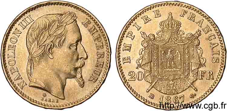20 francs or Napoléon III tête laurée 1867 Strasbourg F.532/16 SUP 