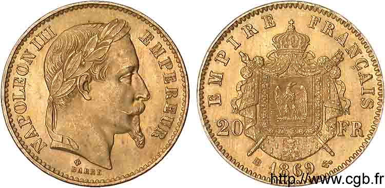 20 francs or Napoléon III tête laurée 1869 Strasbourg F.532/21 EBC 