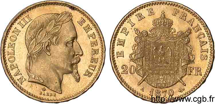 20 francs or Napoléon III tête laurée 1870 Paris F.532/23 EBC 