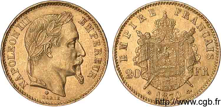 20 francs or Napoléon III tête laurée 1870 Strasbourg F.532/24 AU 