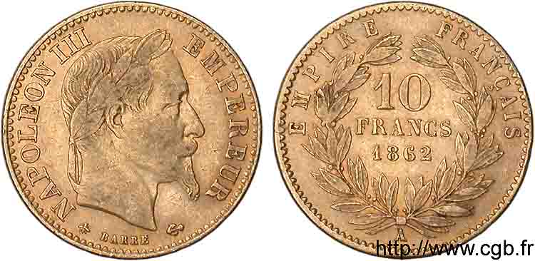 10 francs or Napoléon III tête laurée 1862 Paris F.507A/1 SS 