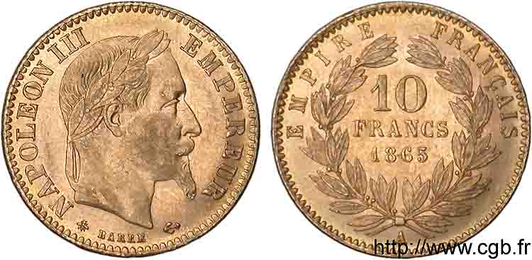 10 francs or Napoléon III tête laurée 1865 Paris F.507A/9 TTB 