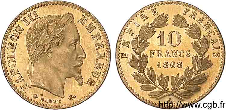 10 francs or Napoléon III tête laurée 1868 Paris F.507A/17 VZ 