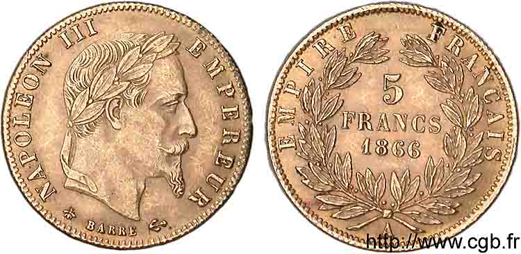 5 francs or Napoléon III tête laurée 1866 Paris F.502/9 VZ 