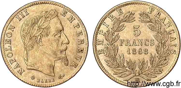 5 francs or Napoléon III tête laurée 1868 Strasbourg F.502/14 SUP 