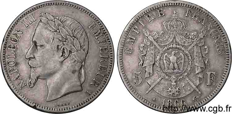 5 francs Napoléon III tête laurée 1866 Paris F.331/9 TB 
