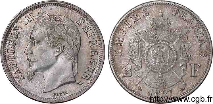 2 francs Napoléon III tête laurée  1867 Bordeaux F.263/7 VZ 