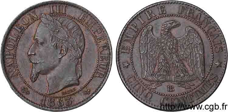 5 centimes Napoléon III tête laurée  1863 Strasbourg F.117/11 SUP 