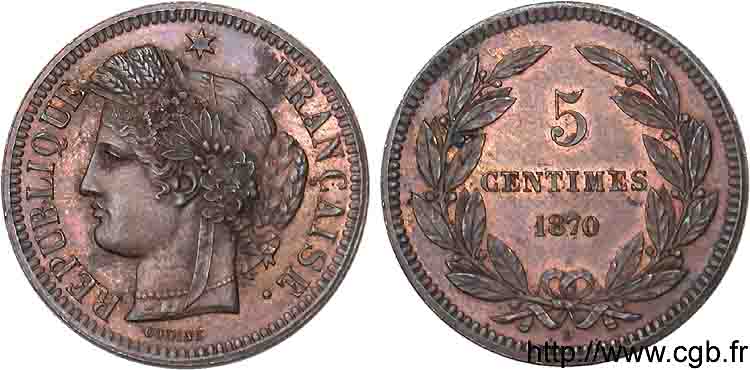 Essai de 5 centimes Cérès 1870  VG.3783  VZ 