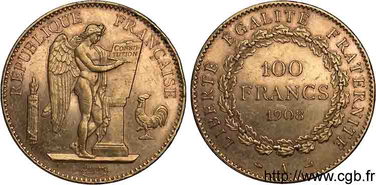 100 francs génie, tranche inscrite en relief liberté égalité fraternité 1908 Paris F.553/2 XF 