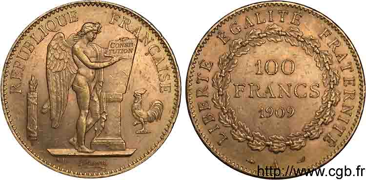 100 francs génie, tranche inscrite en relief liberté égalité fraternité 1909 Paris F.553/3 AU 