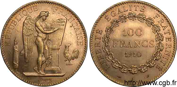 100 francs génie, tranche inscrite en relief liberté égalité fraternité 1910 Paris F.553/4 AU 