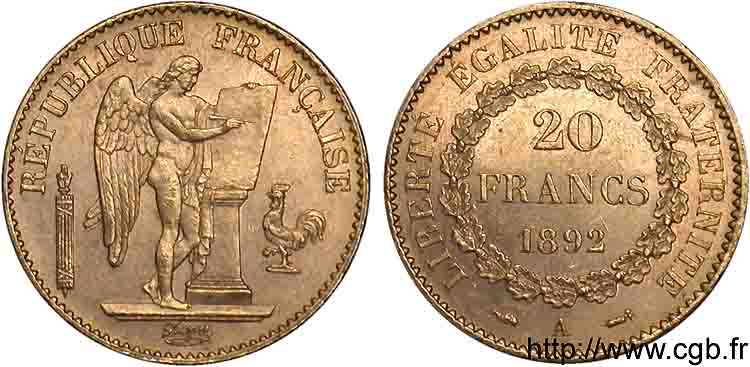 20 francs génie, Troisième république 1892 Paris F.533/16 EBC 