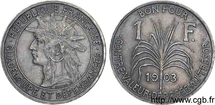 GUADELOUPE Essai 20 pans de 1 franc en vieil argent 1903 Paris VZ 