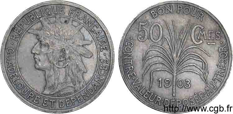 GUADELOUPE Essai 18 pans de 50 centimes en vieil argent 1903 Paris AU 
