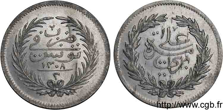 TUNISIA - PROTETTORATO FRANCESE - ALI BEY 2 piastres deuxième type AH 1308 = 1891 Paris MS 
