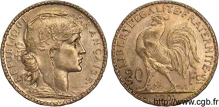 20 francs Coq, Dieu protège la France 1901 Paris F.534/6 AU 