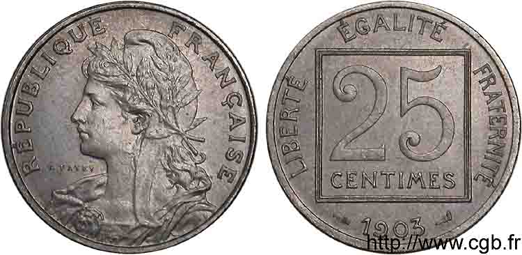Essai - piéfort de 25 centimes Patey 1er type, sans le mot essai 1903 Paris F.168/3P SC 