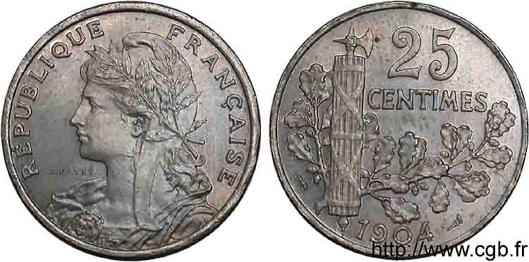 Essai - piéfort de 25 centimes Patey 2e type à 22 pans, sans le mot essai 1904 Paris F.169/2 FDC 