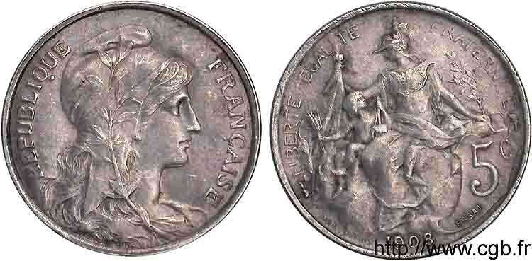 Essai de 5 centimes argent 1908 Paris VG.4608 B var AU 
