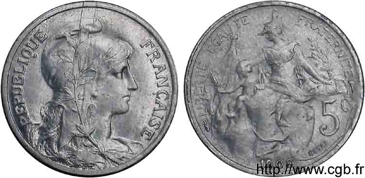 Essai - piéfort de 5 centimes aluminium 1908 Paris F.119/18P SUP 