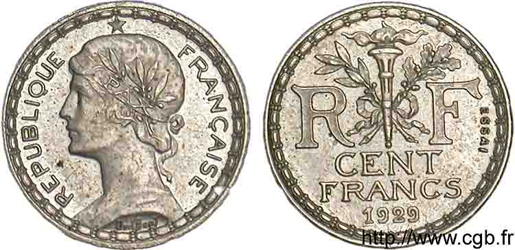 Concours de 100 francs, essai de Guilbert 1929  VG.5239 br nick SUP 