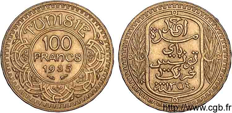 TUNISIE - PROTECTORAT FRANÇAIS - AHMED BEY 100 francs or 1935 Paris SUP 
