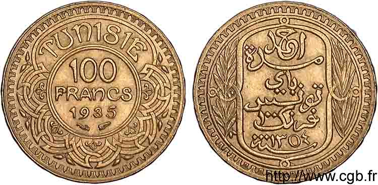 TUNISIE - PROTECTORAT FRANÇAIS - AHMED BEY 100 francs or 1935 Paris SPL 