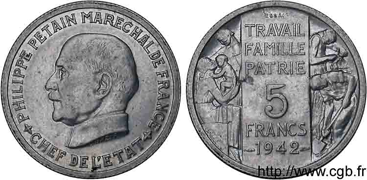 Essai grand module de 5 francs Pétain de Bazor et Galle 1942 Paris VG.5610  AU 
